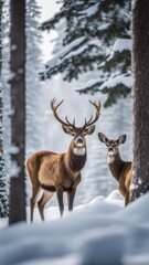 Two male deer with antlers stand facing each other in a snowy forest.