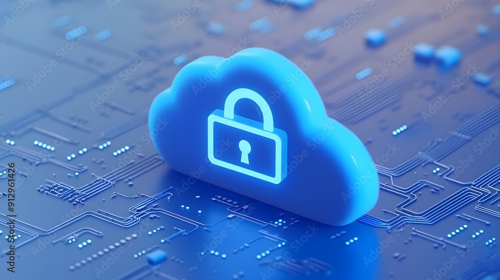 Poster blue luminous cloud with a padlock symbol, representing secure cloud computing and data protection o
