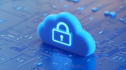 Blue luminous cloud with a padlock symbol, representing secure cloud computing and data protection on a circuit board background.