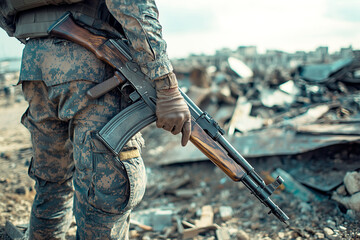 A soldier in full camouflage uniform takes a prone position on a debris during the war. Generative AI.