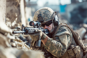 A soldier in full camouflage uniform takes a prone position on a rooftop, aiming a sniper rifle towards a distant. Generative AI.