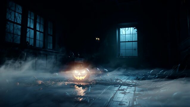 Spooky Halloween scene with a glowing jack-o'-lantern in a dark, foggy room. seamless looping 4k time-lapse animation video background