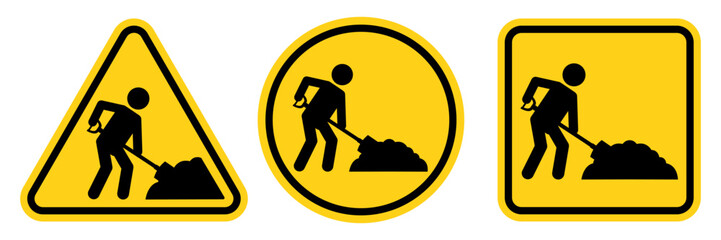 Under construction warning sign. Road works sign. Attention, road works are underway. Road safety and prevention of accidents during road construction. Vector Illustration.