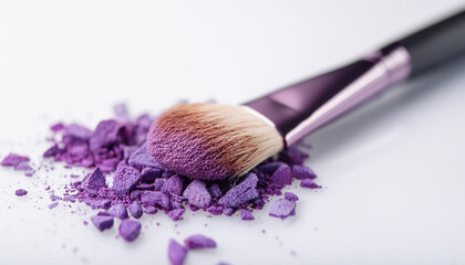 Make-up brush with crushed purple eyeshadow on white background. Female cosmetics and beauty