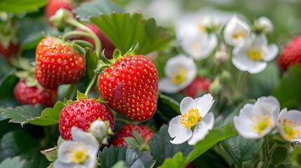 Close-up of strawberries on with green leaves, Fresh ripe strawberries on plant in natural. 