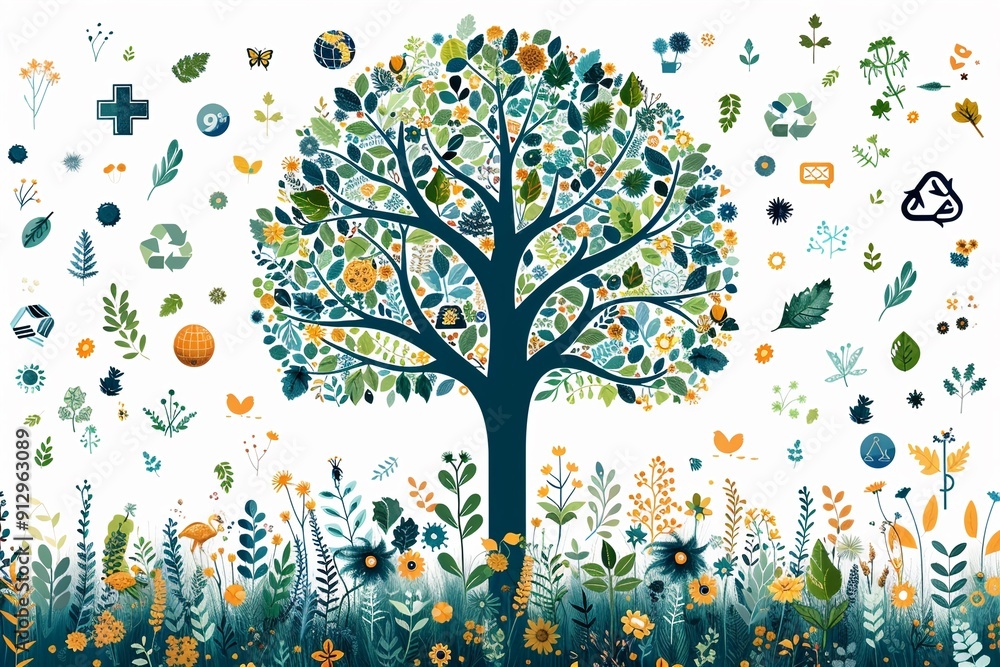 Poster tree with green technology and recycling symbols minimalistic flat white background space for text