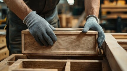 Carpenter working on a wooden project with protective gloves