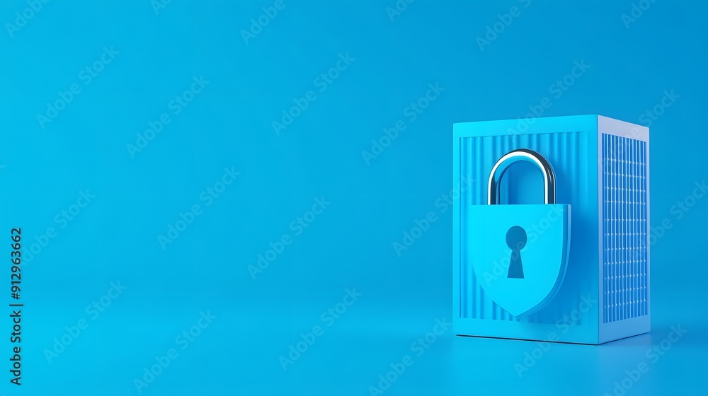 Poster Blue padlock on blue box symbolizing protection and security with a minimalist design against a blue background. Data security concept.