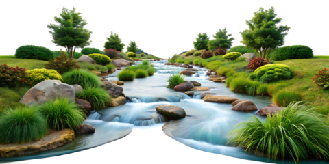Flowing river of bluegrass mimicking water movement through a serene garden setting, providing a calming visual flow, isolated on white background.PNG AI GENERATED