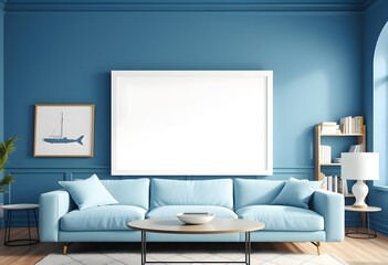 Interior A modern living room with a large tan leather sofa, and photo frame, colorful throw pillows, and a large window with natural light streaming in, against a blue wall
