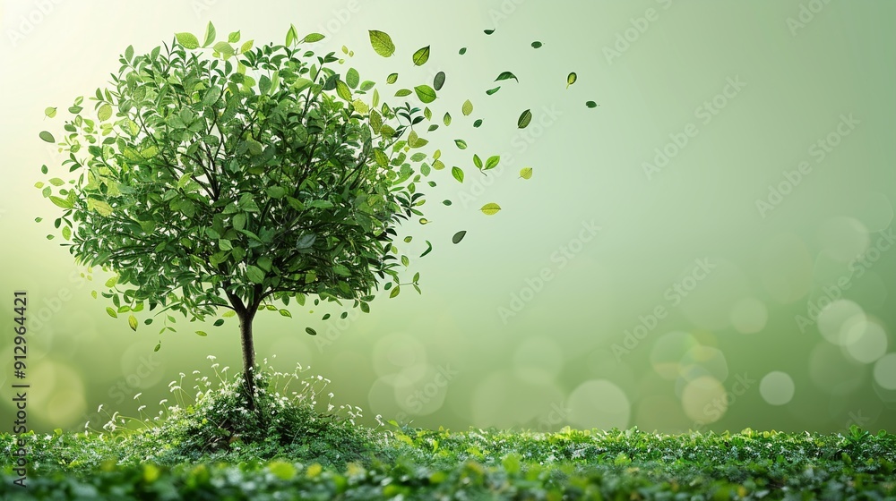 Poster tree with renewable energy and ecofriendly transport symbols minimalistic flat green background styl
