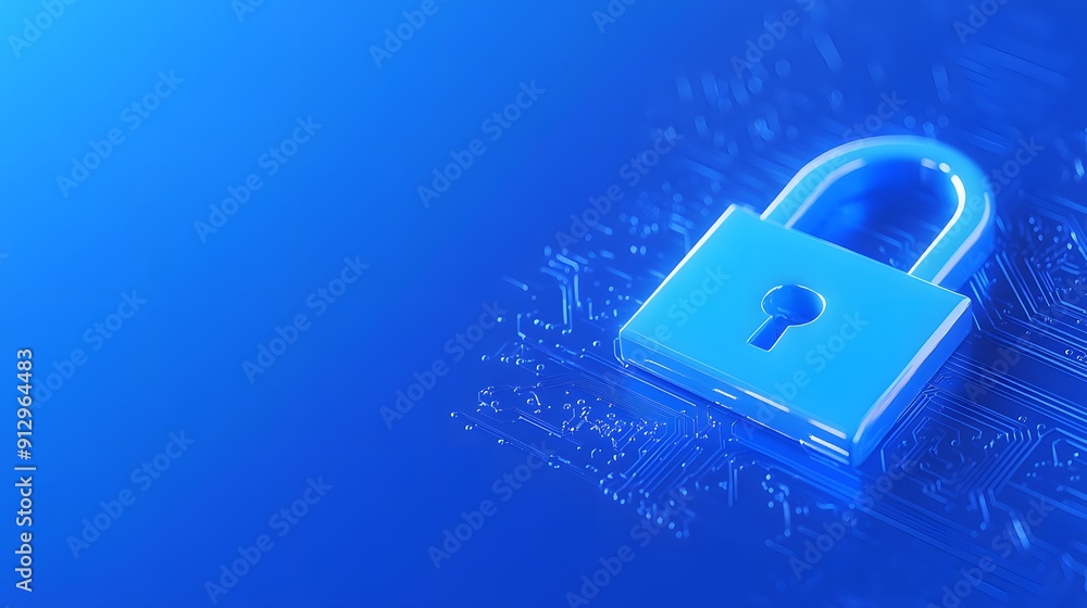 Poster blue padlock symbolizing digital security and data protection in a modern technological environment.
