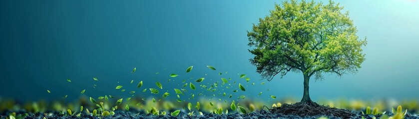 Tree with ecofriendly transport and recycling symbols minimal icon flat blue background illustration space for Ad