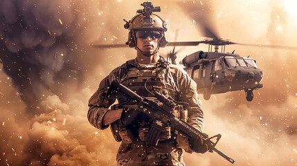 An American soldier holding a rifle standing in front of a military helicopter through battlefield...