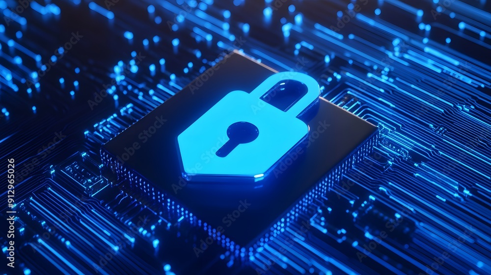 Aufkleber blue secure padlock symbol on a circuit board, representing data security, cybersecurity, and inform