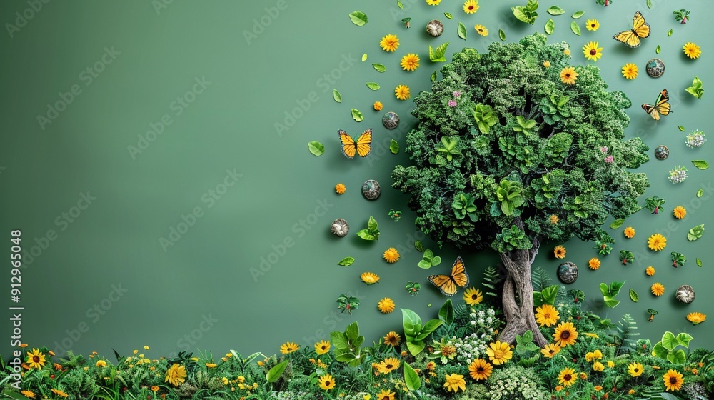 Poster tree with renewable energy and ecofriendly transport symbols minimalistic flat green background styl