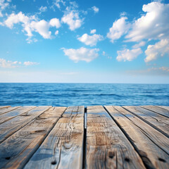 Wooden Deck Overlooking a Tranquil Blue Ocean Under a Cloudy Sky