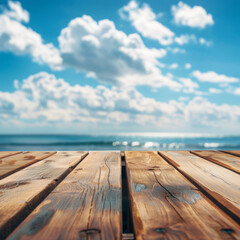 Fototapeta premium Wooden Plank Surface with Blurry Ocean and Clouds Background