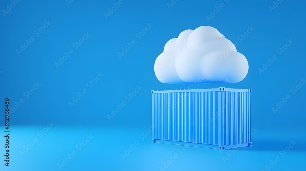 Poster blue shipping container and white cloud on blue background, representing cloud computing and data st