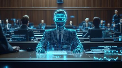 Fototapeta premium Freedom, Injustice, Impositment Bullying, Politics, Imprisonment Futuristic courtroom, holographic scales of justice, concept of imbalance, digital tension