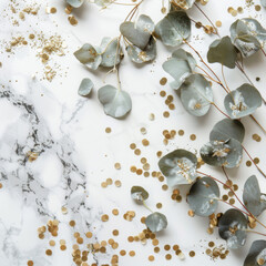 Fototapeta premium Eucalyptus Leaves and Gold Confetti on Marble Background