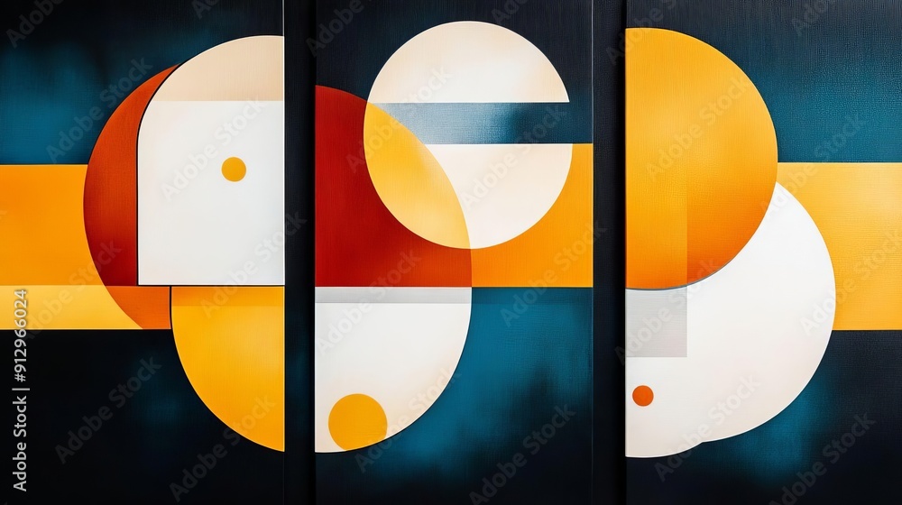Poster geometric harmony a triptych exploration of balanced patterns in vibrant colors and shapes for moder
