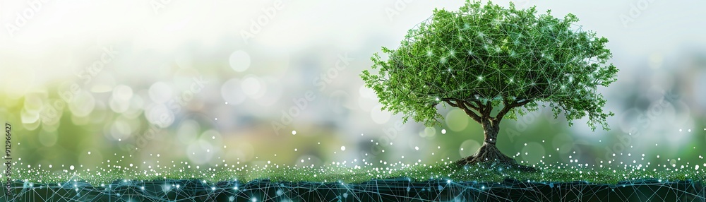 Poster tree with green technology and recycling symbols minimalistic flat white background style space for 