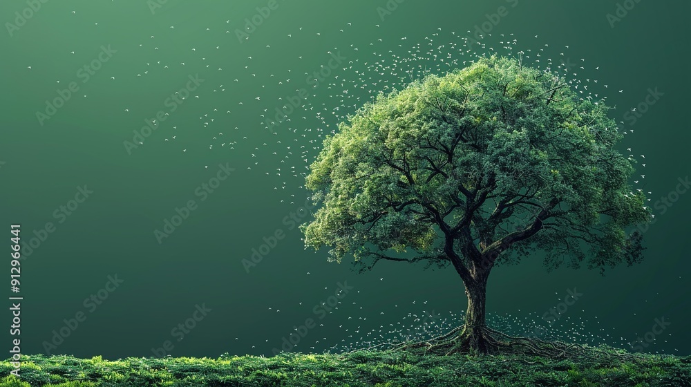 Poster tree with renewable energy and ecofriendly transport symbols minimalistic flat green background styl