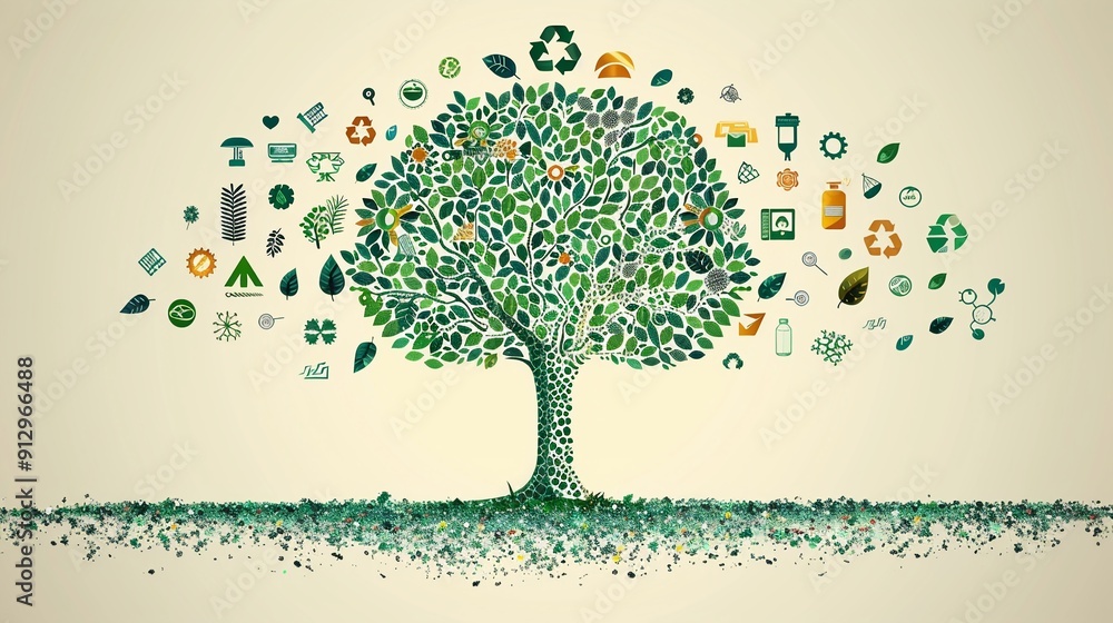 Poster tree with green technology and recycling symbols minimalistic flat white background style space for 