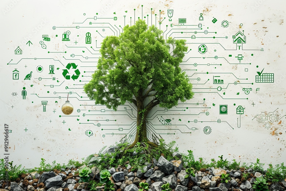 Poster tree with green technology and recycling symbols minimalistic flat white background style space for 