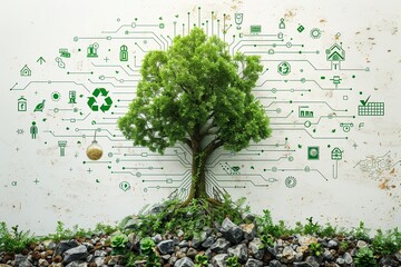Tree with green technology and recycling symbols minimalistic flat white background style space for text