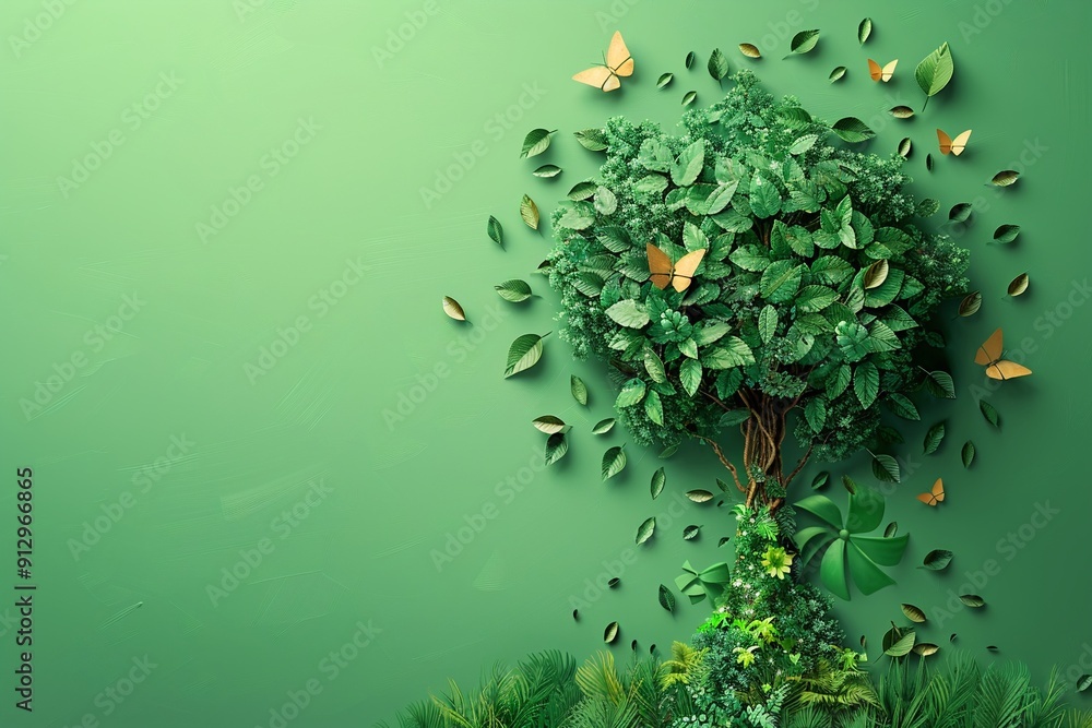 Poster tree with renewable energy and ecofriendly transport symbols minimalistic flat green background styl