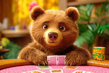 Animal Bear plays poker blackjack in a casino, fantasy