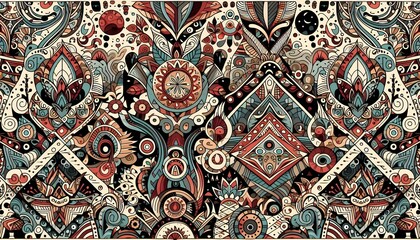 Seamless Pattern with Eclectic Tribal and Ethnic Motifs, Generative AI