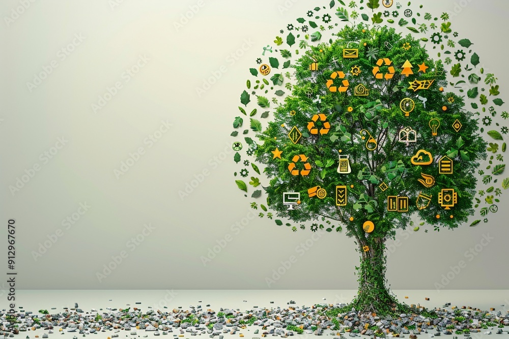 Poster tree with green technology and recycling symbols minimalistic flat white background style space for 