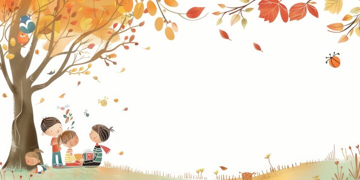 Children Reading Under Autumn Tree.
