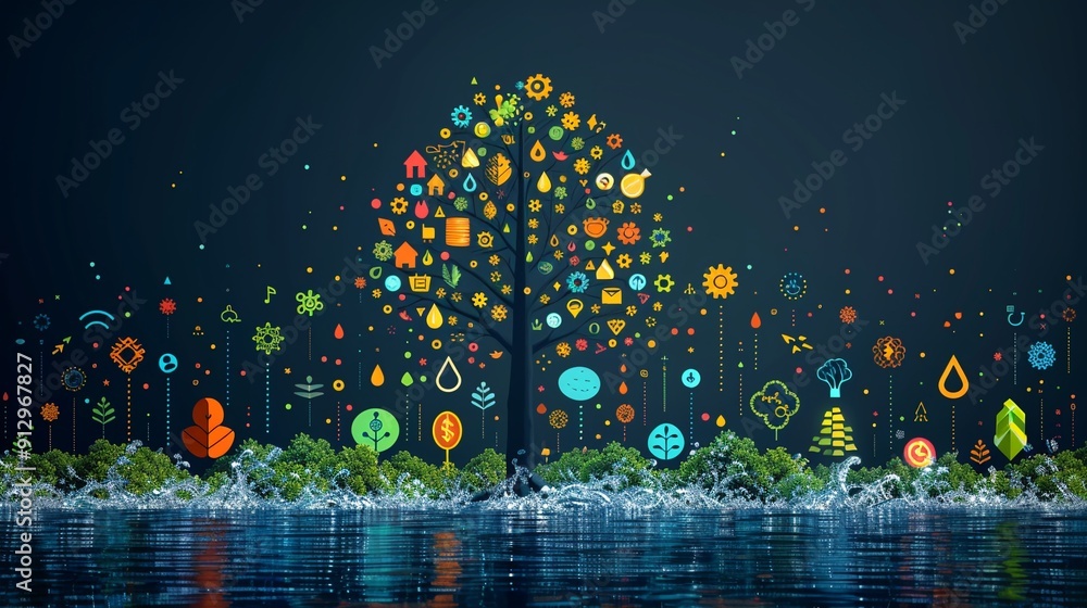 Poster tree with green technology and recycling symbols minimalistic flat white background style space for 