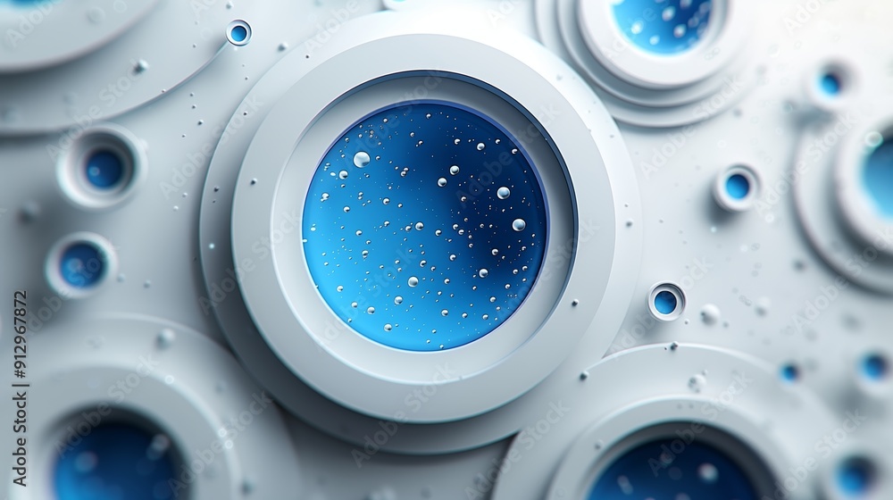 Poster abstract design featuring textured circular patterns with blue hues and water droplets set against a