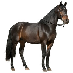 Obraz premium A bay horse in a bridle stands alertly, its coat gleaming. Transparent PNG for easy isolation. Ideal for equestrian, nature, or design projects.