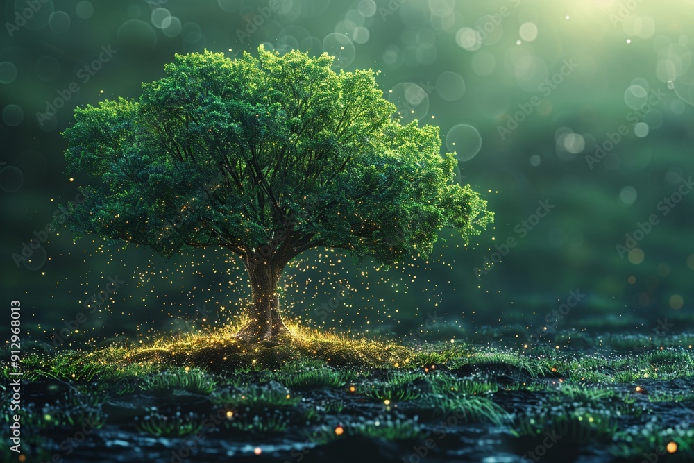 Poster tree with renewable energy and ecofriendly transport symbols minimalistic flat green background styl