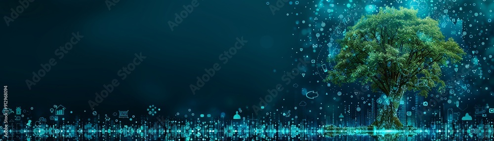 Poster tree with green technology and recycling symbols minimalistic flat white background style space for 