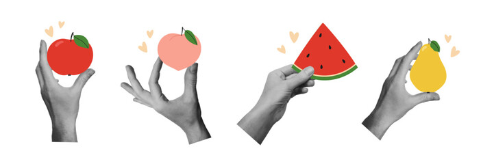 Hands holding fruit. Modern summer collage set. Design elements for card, print, poster. Isolated vector illustration