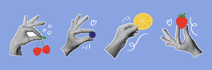 Hands holding fruit and berries. Modern summer collage set. Design elements for card, print, poster. Isolated vector illustration