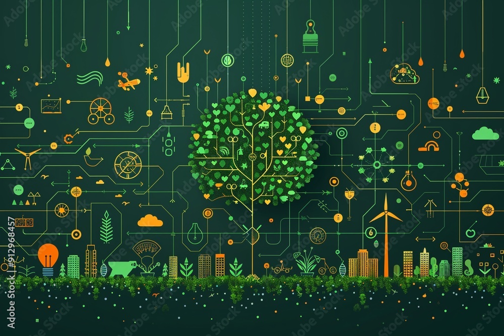 Poster tree with renewable energy and ecofriendly transport symbols minimalistic flat green background styl
