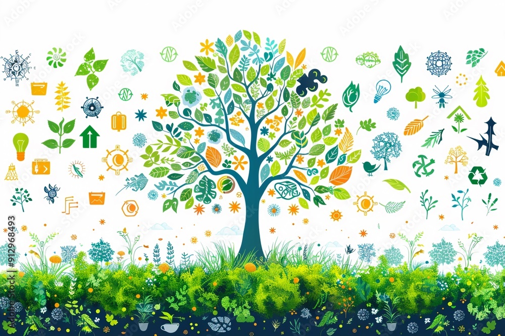 Poster tree with green technology and recycling symbols minimalistic flat white background style space for 