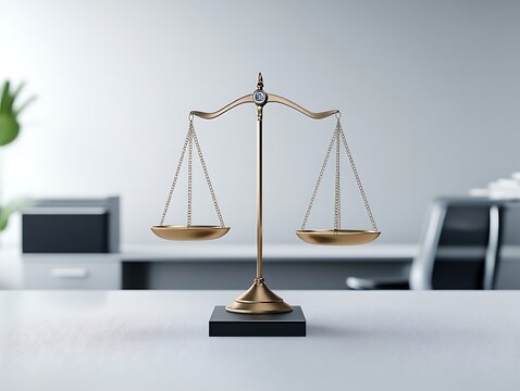 Modern law office with a digital scale of justice on the desk, copy space, more clarity with clear light and sharp focus, high detailed