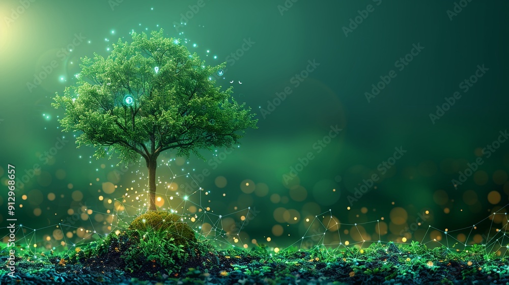 Poster tree with renewable energy and ecofriendly transport symbols minimalistic flat green background styl