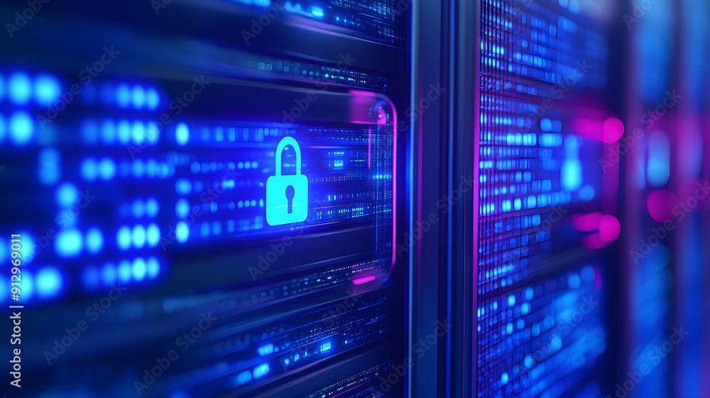 Poster close-up of a secure server room with blue and purple lights, focusing on data protection and cybers