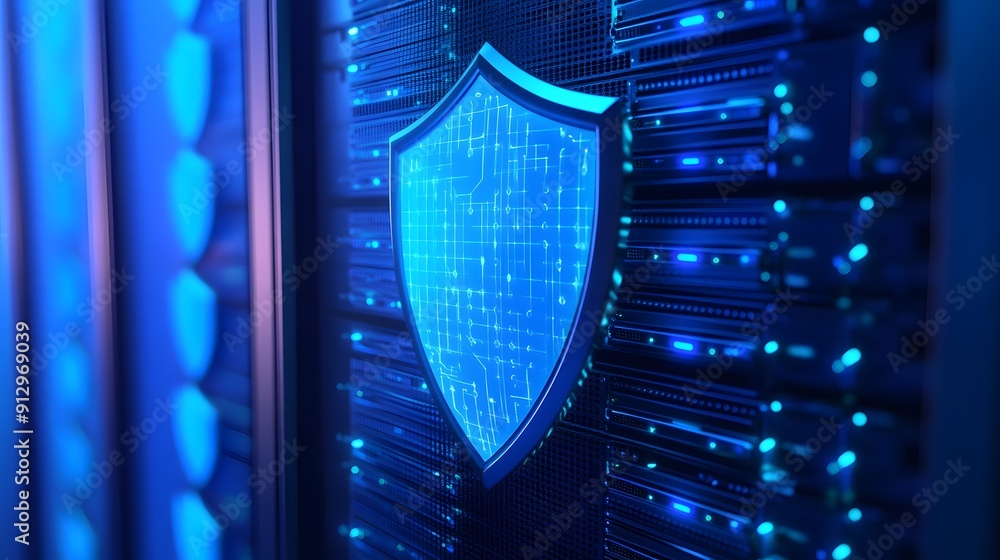 Poster close-up of a secure server room with blue lights and a digital shield symbolizing cybersecurity and