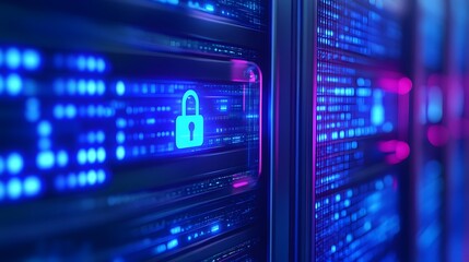 Obraz premium Close-up of a secure server room with blue and purple lights, focusing on data protection and cybersecurity with a padlock icon on a screen.